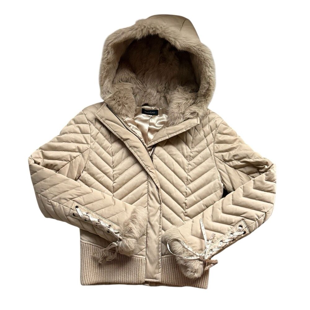 VTG Y2K Bebe Down Puffer Jacket Womens S Rabbit Fur Hood Lace Up Pennylane